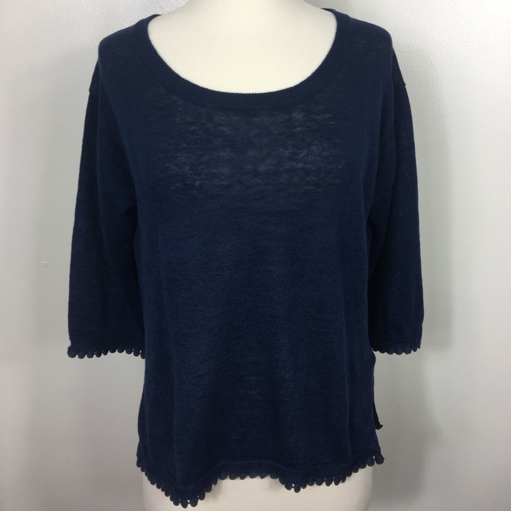 {J Crew} 100% Linen Pom Pom Trim Pullover Sweater